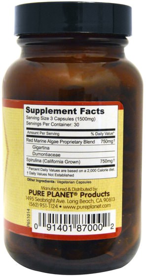 補充劑，紅色礦物海藻 - Pure Planet, Red Marine Algae Plus, 500 mg, 90 Veggie Caps