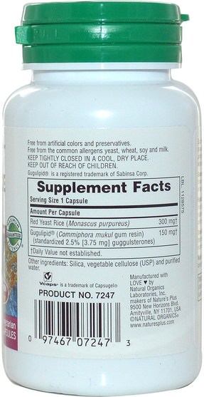 補品，紅曲米 - Natures Plus, Herbal Actives, Red Yeast Rice Gugulipid, 450 mg, 60 Veggie Caps