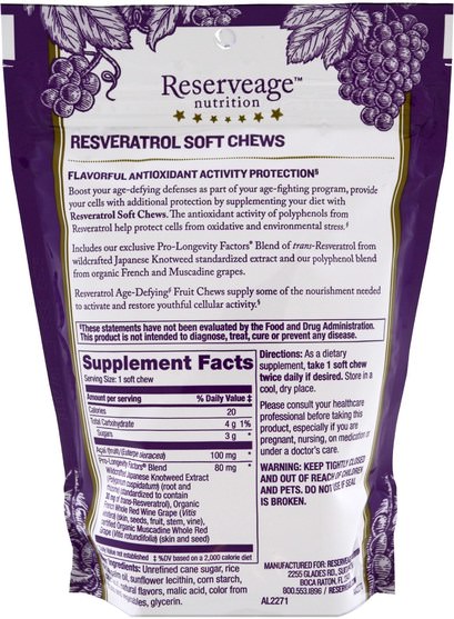 補充劑，白藜蘆醇，抗衰老 - ReserveAge Nutrition, Resveratrol Chews, Bordeaux Berry, 30 Soft Chews