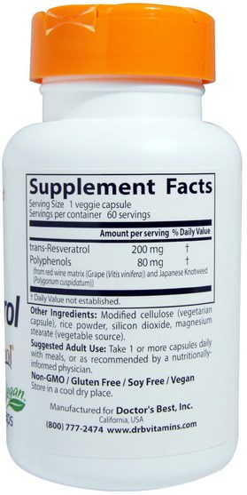 補充劑，白藜蘆醇 - Doctors Best, Trans-Resveratrol 200, 200 mg, 60 Veggie Caps