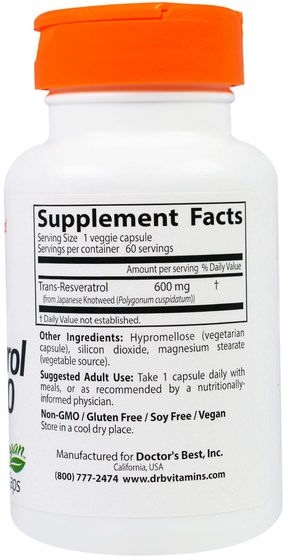 補充劑，白藜蘆醇 - Doctors Best, Trans-Resveratrol 600, 600 mg, 60 Veggie Caps