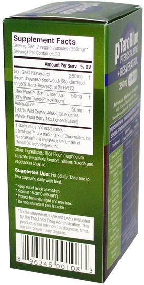 補充劑，白藜蘆醇 - Genceutic Naturals, pTeroBlue, Pterostilbene + Resveratrol, 350 mg, 60 V-Caps