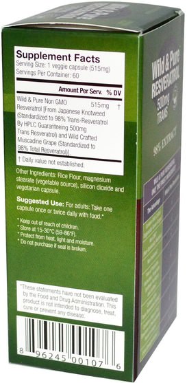 補充劑，白藜蘆醇 - Genceutic Naturals, Wild & Pure Resveratrol, 500 mg, 60 V-Caps