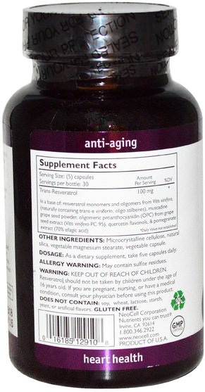 補充劑，白藜蘆醇 - Neocell, Resveratrol Antioxidant, 150 Capsules