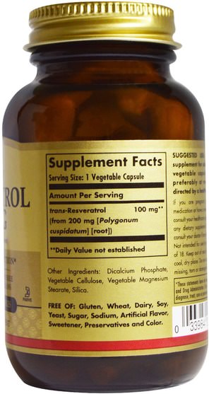 補充劑，白藜蘆醇 - Solgar, Resveratrol, 100 mg, 60 Vegetable Capsules