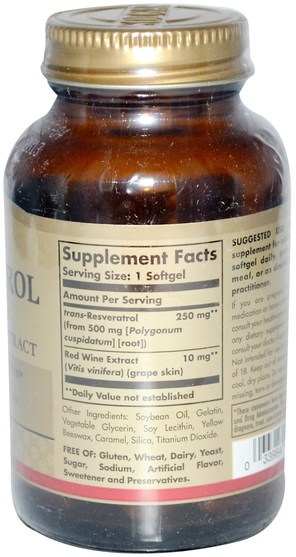 補充劑，白藜蘆醇 - Solgar, Resveratrol, 250 mg, 30 Softgels