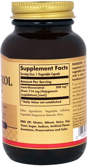補充劑，白藜蘆醇 - Solgar, Resveratrol, 500 mg, 30 Vegetable Capsules