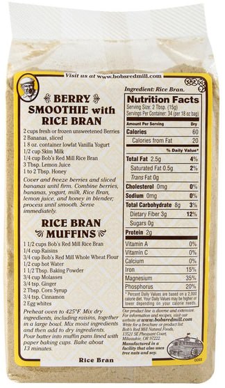 補品，米糠 - Bobs Red Mill, Stabilized Rice Bran, 18 oz (510 g)