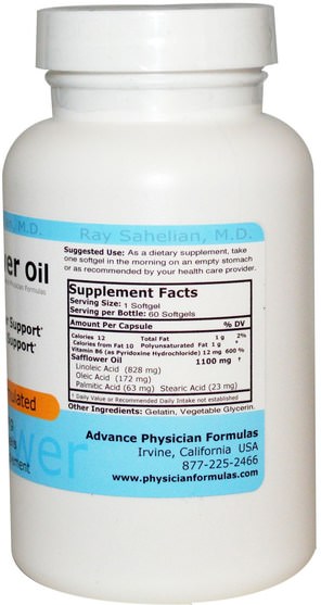 補充劑，紅花油，健康，飲食 - Advance Physician Formulas, Safflower Oil, 1100 mg, 60 Softgels