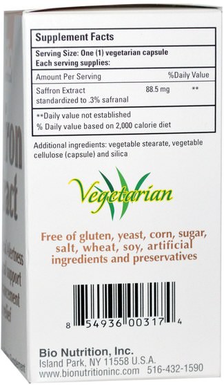 補充劑，藏紅花 - Bio Nutrition, Saffron Extract, 50 Veggie Caps