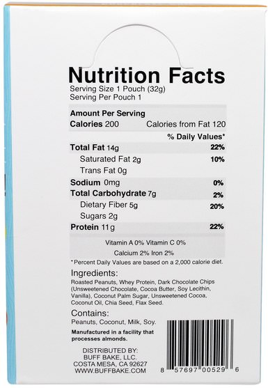 補充劑，單份包裝，果醬傳播 - Buff Bake, Chocolate Chip Protein Peanut Spread, Chia + Flax, 10 Squeeze Packs, 1.15 oz (32 g) Each