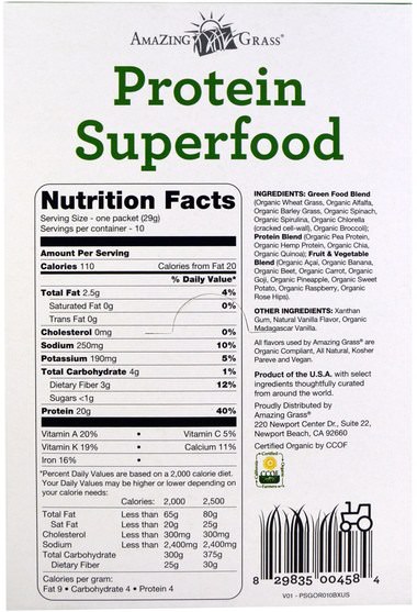 補品，單份包，超級食品 - Amazing Grass, Protein Superfood, All In One Nutrition Shake, The Original, 10 Packets, 1.02 oz (29 g) Each