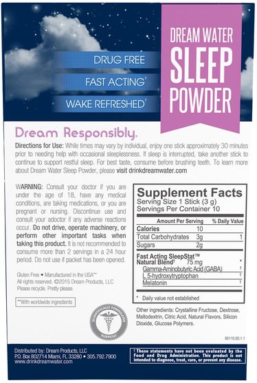 補充，睡覺 - Dream Water, Sleep Powder, Snoozeberry, 10 Sticks, 3 g Each