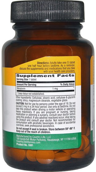 補充劑，睡眠，褪黑激素 - Country Life, Melatonin, 1 mg, 120 Tablets