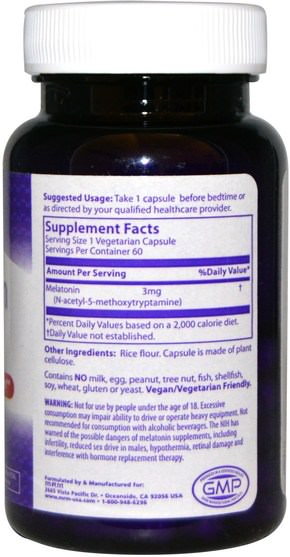 補充劑，睡眠，褪黑激素 - MRM, Melatonin, 3 mg, 60 Veggie Caps