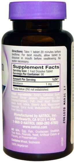 補充劑，睡眠，褪黑激素 - Natrol, Melatonin, Strawberry Flavor, 1 mg, 90 Tablets