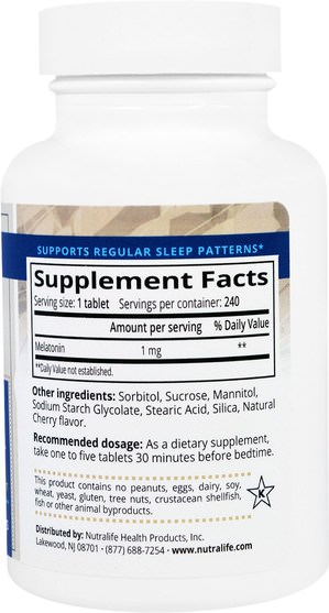 補充劑，睡眠，褪黑激素 - NutraLife, Melatonin, 1 mg, 240 Easy Chew Tablets