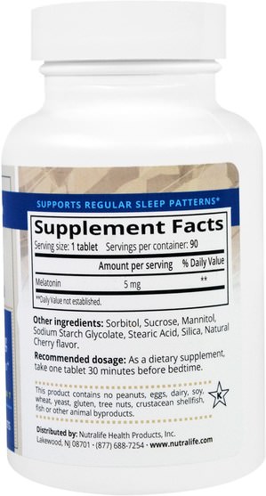 補充劑，睡眠，褪黑激素 - NutraLife, Melatonin, 5 mg, 90 Easy Chew Tablets