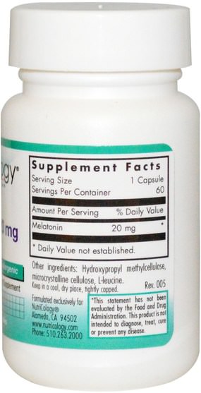 補充劑，睡眠，褪黑激素 - Nutricology, Melatonin, 20 mg, 60 Veggie Caps