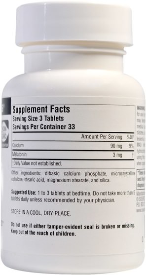 補充劑，睡眠，褪黑激素 - Source Naturals, Melatonin, 1 mg, 100 Tablets