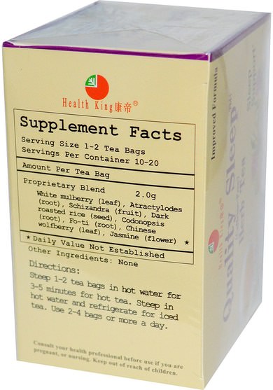 補充劑，睡眠支持 - Health King, Quality Sleep, Herb Tea, Caffeine Free, 20 Tea Bags, 1.41 oz (40 g)
