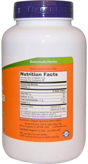 補品，螺旋藻，藻類各種 - Now Foods, Certified Organic Spirulina, 500 mg, 500 Tablets