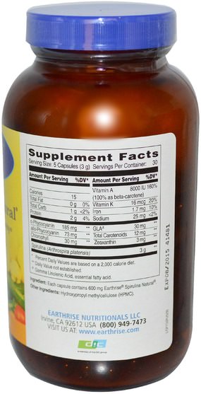 補充劑，螺旋藻 - Earthrise, Spirulina Natural, 600 mg, 150 Capsules