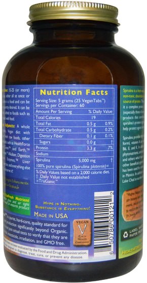 補充劑，螺旋藻 - HealthForce Nutritionals, Spirulina Manna, 1500 VeganTabs