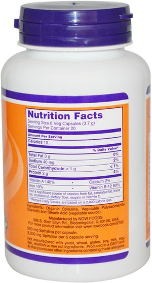 補充劑，螺旋藻 - Now Foods, Natural Spirulina, 500 mg, 120 Veg Capsules