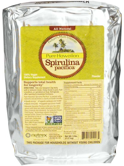 補充劑，螺旋藻 - Nutrex Hawaii, Pure Hawaiian Spirulina Pacifica, Natures Multi-Vitamin, Powder, 5 lbs (2.27 kg)