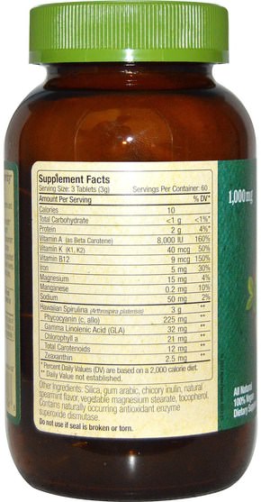 補充劑，螺旋藻 - Nutrex Hawaii, Pure Hawaiian Spirulina Pacifica, Natures Multi-Vitamin, Spearmint Flavor, 1.000 mg, 180 Tablets