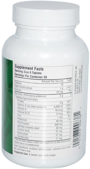 補充劑，螺旋藻 - Source Naturals, Spirulina, 500 mg, 200 Tablets