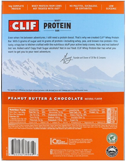 補品，運動，蛋白質棒 - Clif Bar, Whey Protein Bar, Peanut Butter & Chocolate, 8 Bars, 1.98 oz (56 g) Each