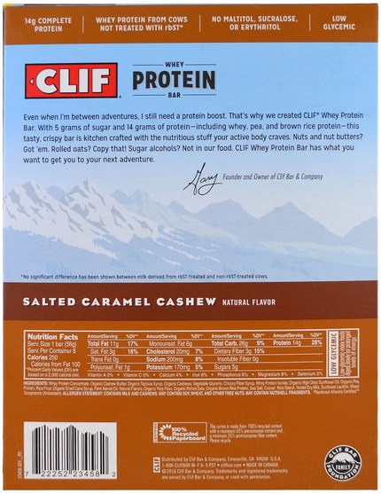 補品，運動，蛋白質棒 - Clif Bar, Whey Protein Bar, Salted Caramel Cashew, 8 Bars, 1.98 (56 g) Each