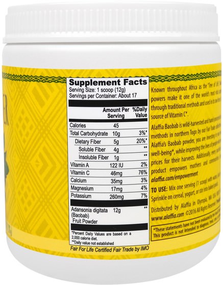 補品，超級食品，抗氧化劑 - Alaffia, Baobab Powder, 7 oz (198 g)