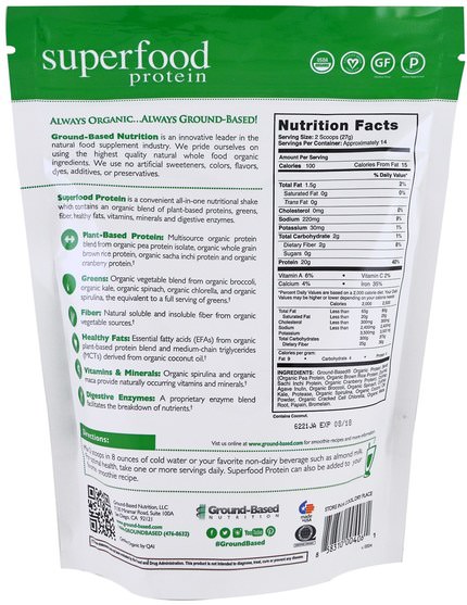 補品，超級食品，抗氧化劑 - Ground Based Nutrition, Organic Superfood Protein, Natural Flavored, 13.2 oz (374 g)