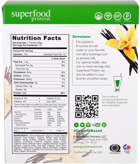 補品，超級食品，抗氧化劑 - Ground Based Nutrition, Organic Superfood Protein, Pure Vanilla, 10 Packets, 1.01 oz (285 g) Each