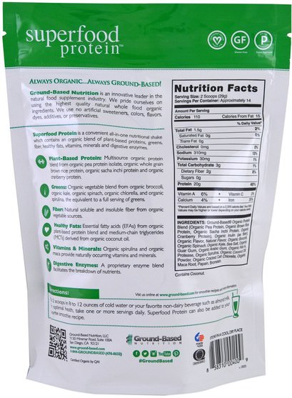 補品，超級食品，抗氧化劑 - Ground Based Nutrition, Organic Superfood Protein, Pure Vanilla, 14.2 oz (402 g)