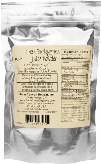 補品，超級食品，大麥草 - Earth Circle Organics, Raw Organic Dehydrated Barley Grass Juice Powder, 4 oz (113.4 g)