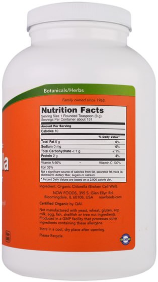補品，超級食品，有機小球藻 - Now Foods, Certified Organic Chlorella, 100% Pure Powder, 1 lb (454 g)
