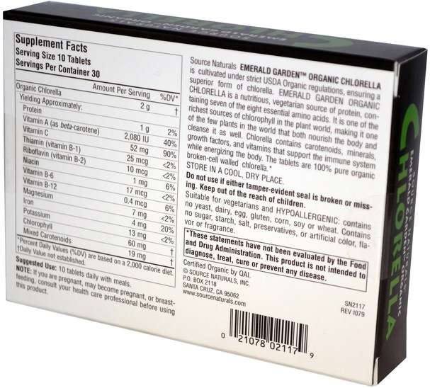 補品，超級食品，有機小球藻 - Source Naturals, Emerald Garden Organic Chlorella, 200 mg, 300 Tablets