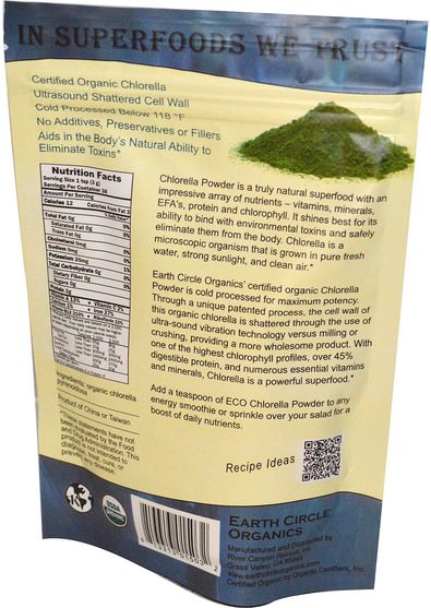補品，超級食品，小球藻粉，有機小球藻 - Earth Circle Organics, Chlorella Powder, Raw Organic 4 oz (113 g)