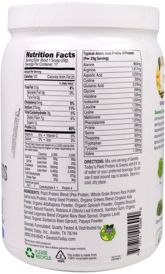 補品，超級食品 - Genesis Today, Plant Protein & Greens, Vegan Superfood Powder, Smooth Vanilla Flavor, 17.39 oz (493 g)