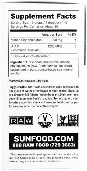 補品，超級食品，海洋浮游植物 - Sunfood, Oceans Alive 2.0 Marine Phytoplankton, 1 fl oz (30 ml)