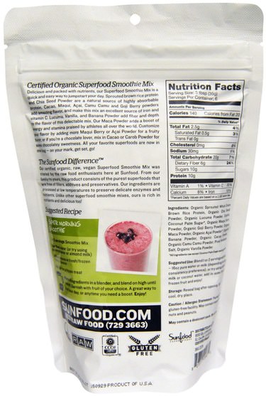 補品，超級食品 - Sunfood, Raw Organic Superfood Smoothie Mix, 8 oz (227 g)