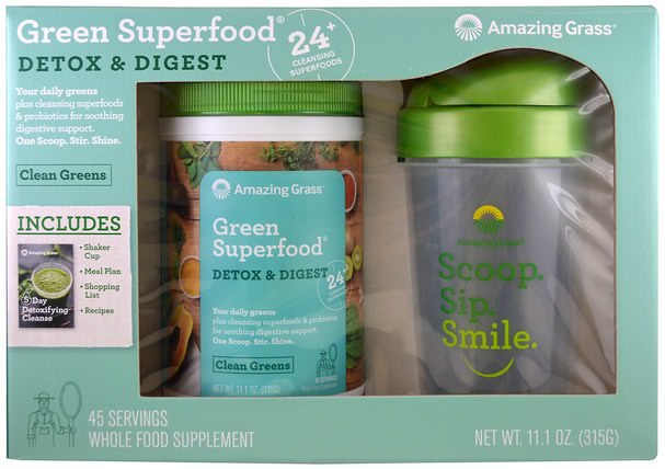 補品，超級食品，小麥草 - Amazing Grass, Green Superfood, Detox Digest & Shaker Gift Set, 2 Piece Set