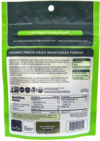 補品，超級食品，小麥草 - Navitas Organics, Organic Wheat Grass, Freeze-Dried Wheatgrass Powder, 1 oz (28 g)