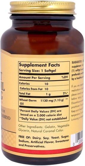 補充劑，小麥胚芽油 - Solgar, Wheat Germ Oil, 1130 mg, 100 Softgels