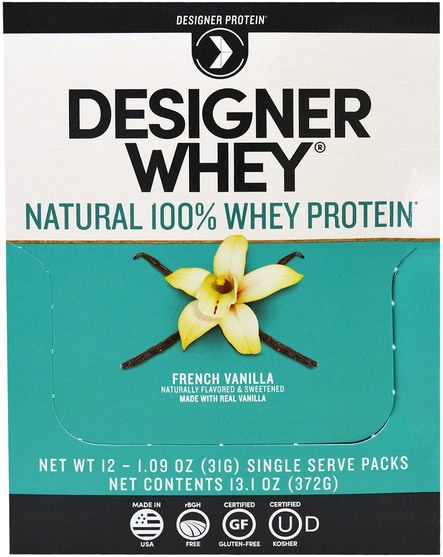 補充劑，乳清蛋白棒 - Designer Protein, Designer Whey, Natural 100% Whey Protein, French Vanilla, 12 Packs, 1.09 oz (31 g) Each