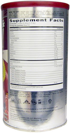 補充劑，乳清蛋白，生物化學 - Country Life, BioChem, 100% Whey Protein Powder, Berry Flavor, 11.1 oz (316 g)